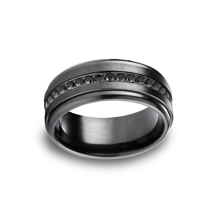 Mens Comfort Fit 9mm Black Titanium And Cubic Zirconia Wedding Band