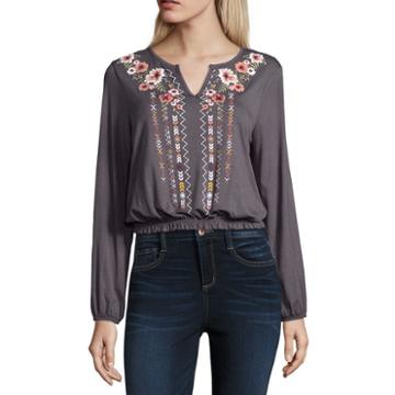 Cut And Paste Long Sleeve V Neck Jersey Blouse-juniors