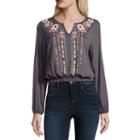 Cut And Paste Long Sleeve V Neck Jersey Blouse-juniors