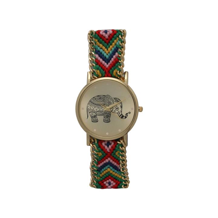 Olivia Pratt Womens Green Braided Elephant Print Dial Strap Watch 14811