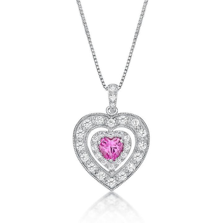 Womens Lab Created Pink Sapphire Heart Pendant Necklace