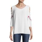 Liz Claiborne Como Blu 3/4 Sleeve V Neck Woven Embroidered Blouse