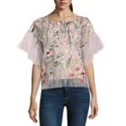Belle + Sky Embroidered Mesh Ruffle Sleeve Top