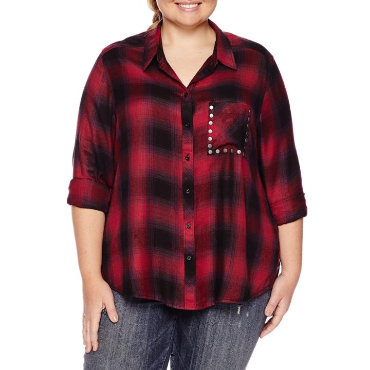 Arizona Long Sleeve Boyfriend Plaid Shirt With Studs-juniors Plus