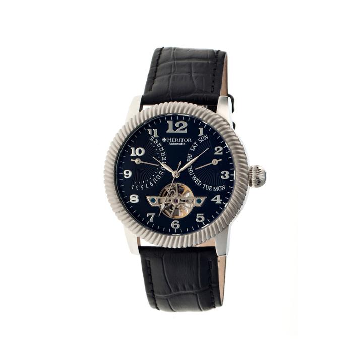 Heritor Automatic Piccard Mens Semi-skeleton Leather Date-silver/black Watches