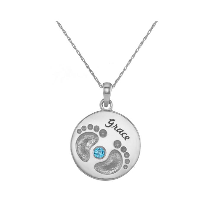 Personalized Sterling Silver Name And Birthstone Footprints Pendant Necklace