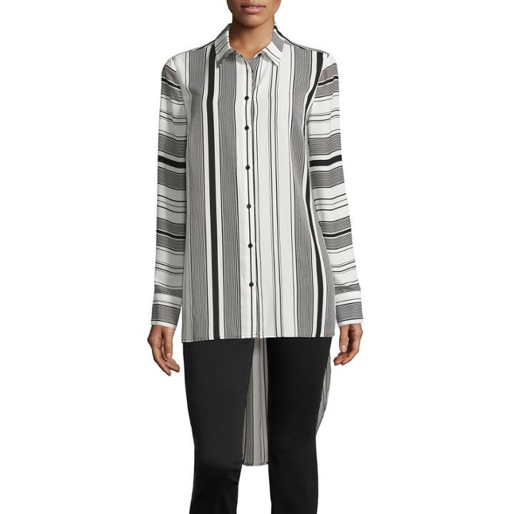 Worthington Long Sleeve Y Neck Woven Stripe Blouse