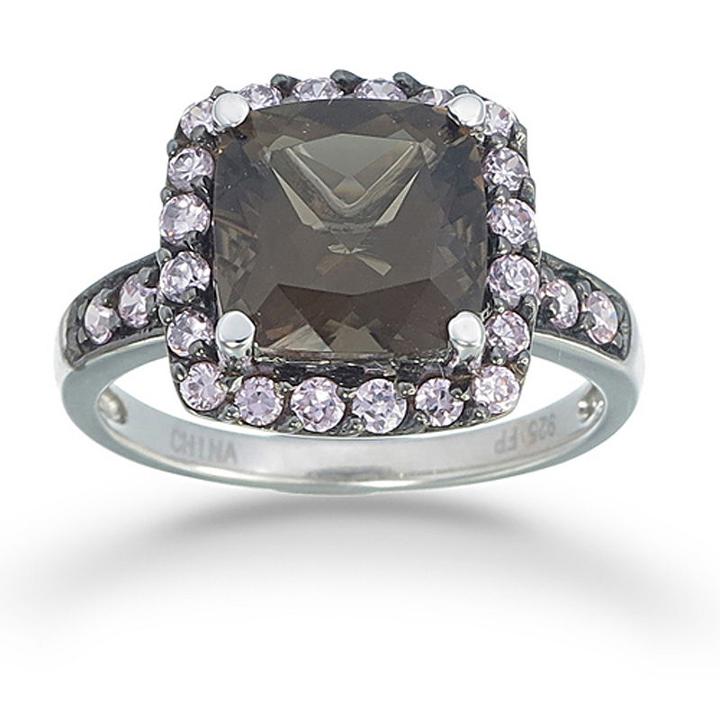 Womens Genuine Quartz Brown Sterling Silver Halo Ring