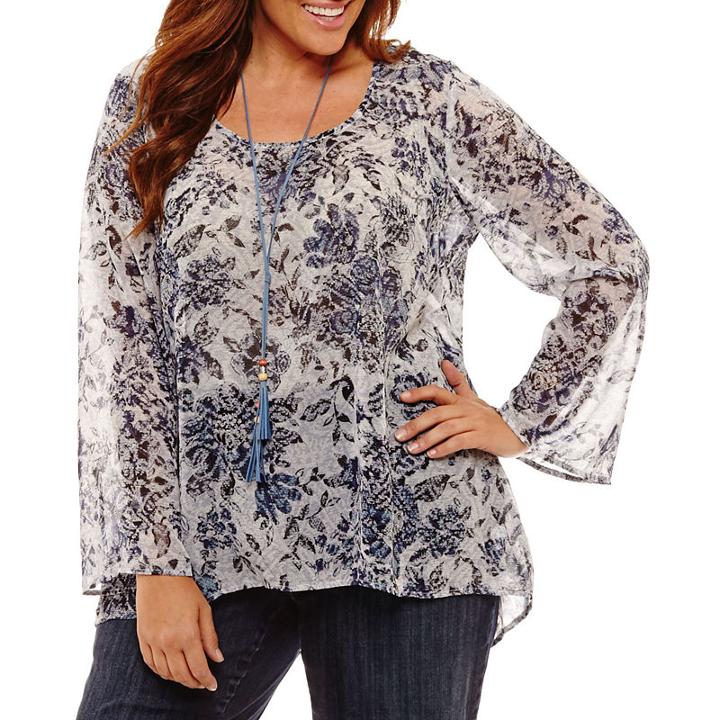 Unity World Wear Long Sleeve Scoop Neck Woven Floral Blouse - Plus