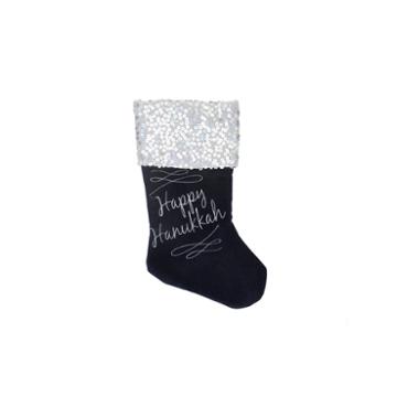19 Navy And Silver Happy Hanukkah Square Sequin Cuffed Embroidered Velvet Stocking