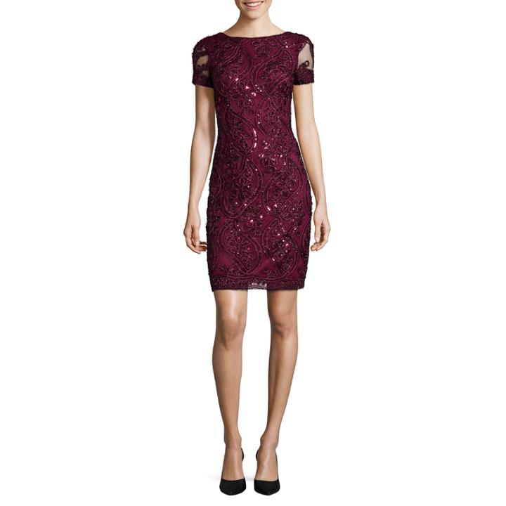 Studio 1 Short-sleeve Textured Sparkle Sequin Sheath Dress