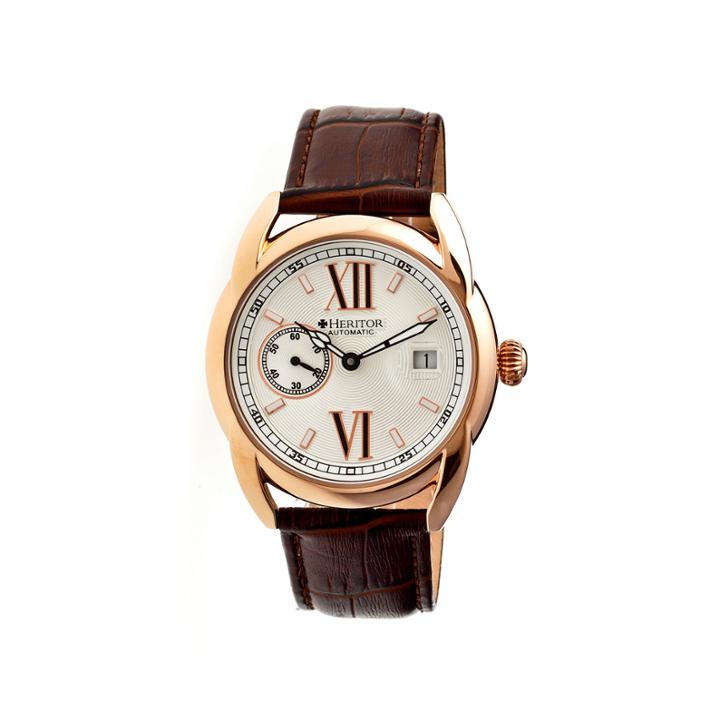 Heritor Automatic Burnell Mens Leather Date-rose Gold Tone/silver Tone/brown Watch