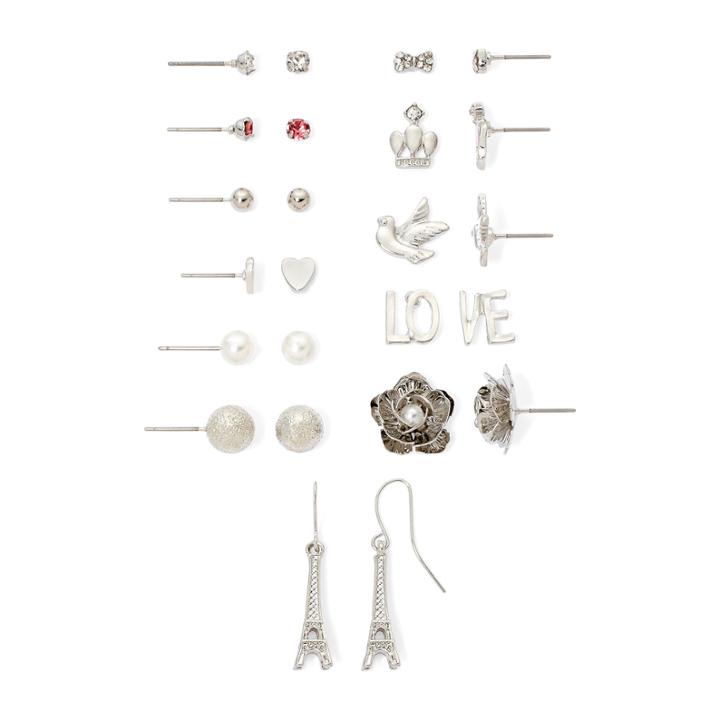 Decree Glass Stone Silver-tone 12-pr. Floral Earring Set