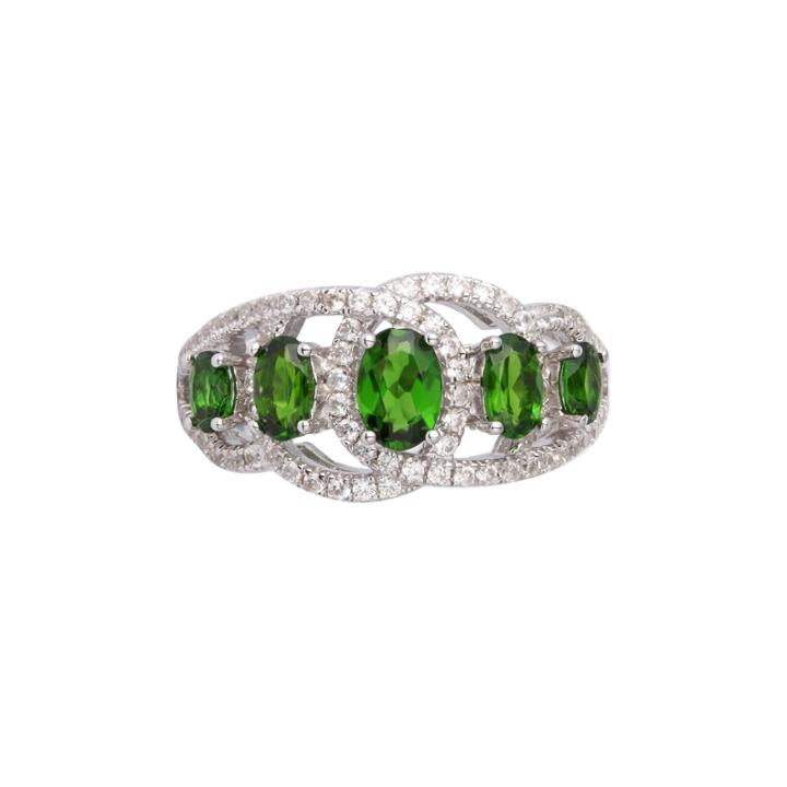 Womens Green Chrome Diopside Sterling Silver Side Stone Ring