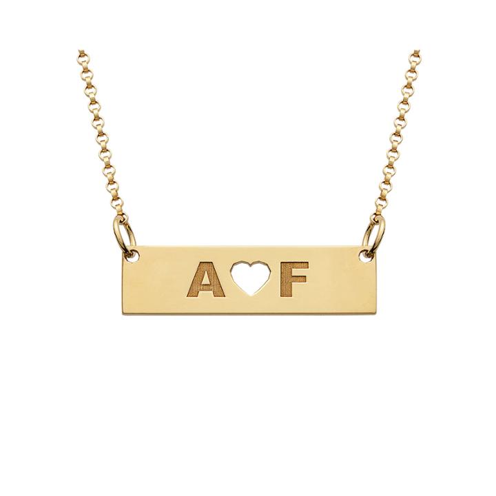 Personalized 18k Yellow Gold Over Silver Two Initials With Heart Bar Necklace