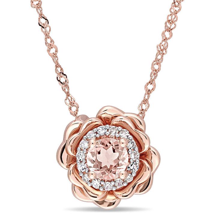 Womens Diamond Accent Pink Morganite Flower Pendant