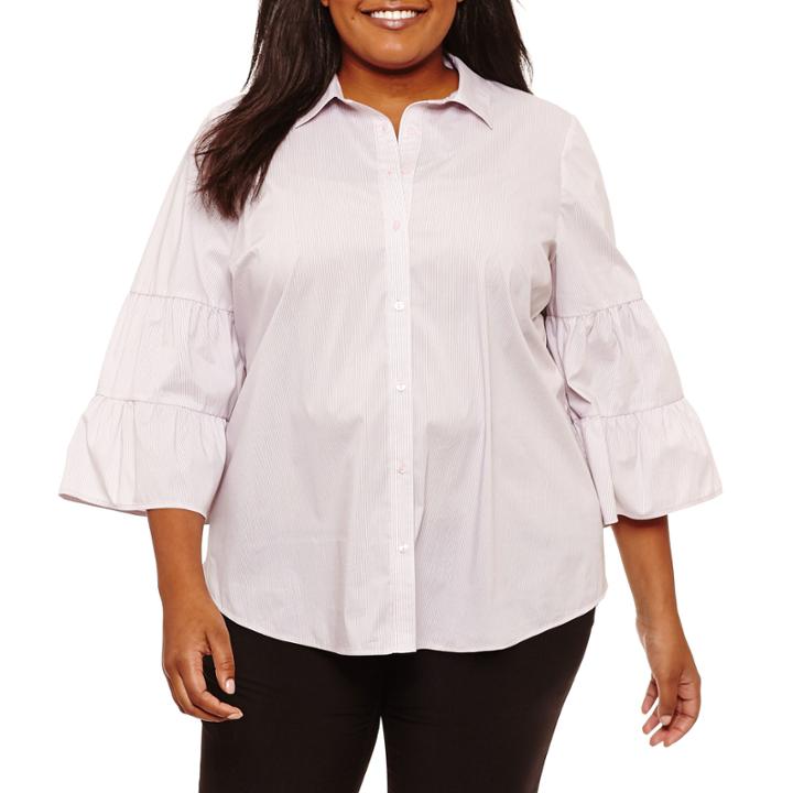 Worthington 3/4 Sleeve Stripe Button-front Shirt-plus
