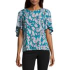 Worthington Short Sleeve Scoop Neck Knit Floral Blouse