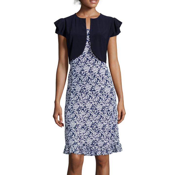 Perceptions Short-sleeve Floral Print Ruffle Bolero Jacket Dress