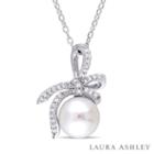 Laura Ashley Womens 1/10 Ct. T.w. Cultured Freshwater Pearls Sterling Silver Bow Pendant Necklace