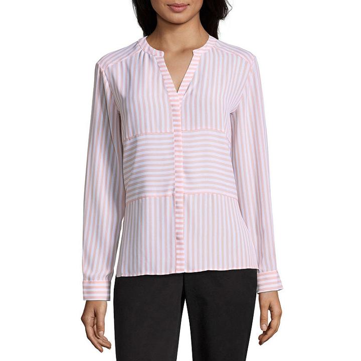 Worthington Long Sleeve Y Neck Woven Blouse - Petites