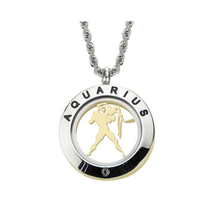 Aquarius Zodiac Reversible Two-tone Stainless Steel Locket Pendant Necklace