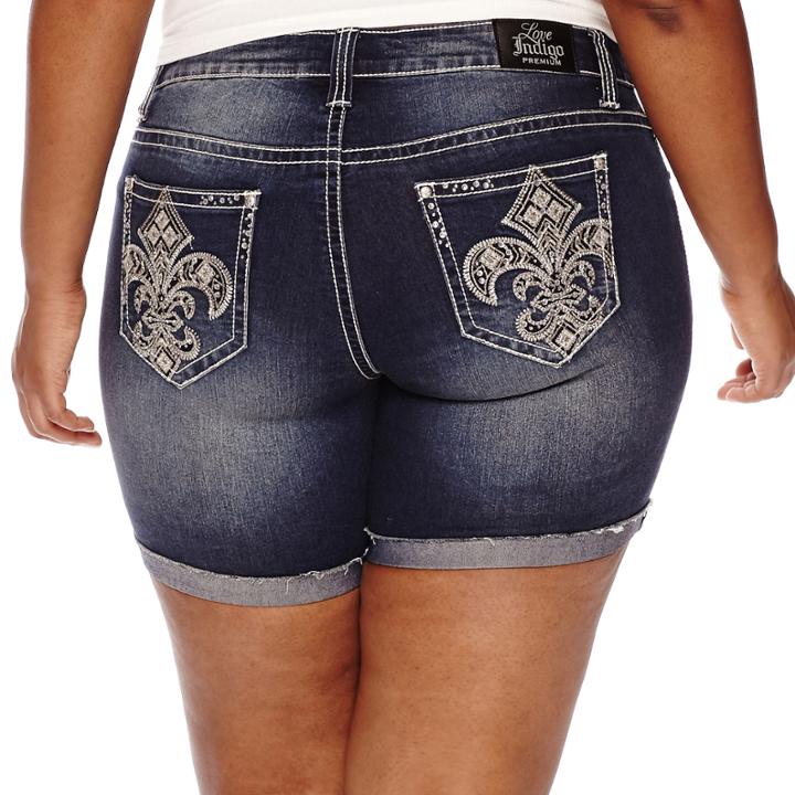 Love Indigo Fleur-de-lis Turn-up Fray-hem Shorts - Plus