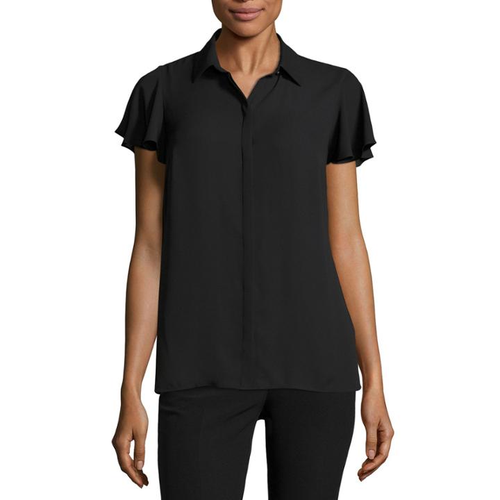 Worthington Short Sleeve Y Neck Woven Blouse-petites