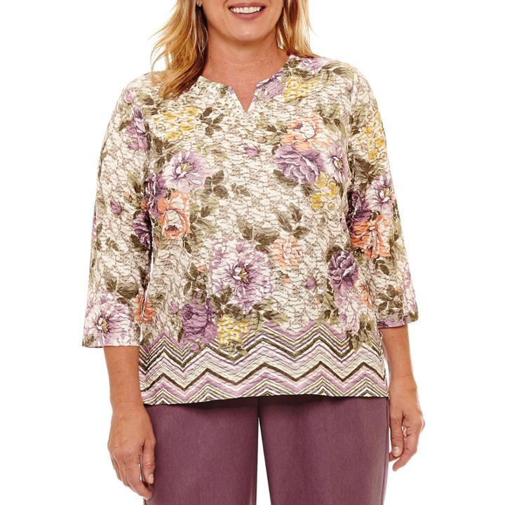 Alfred Dunner Palm Desert 3/4 Sleeve Split Crew Neck T-shirt-womens Plus