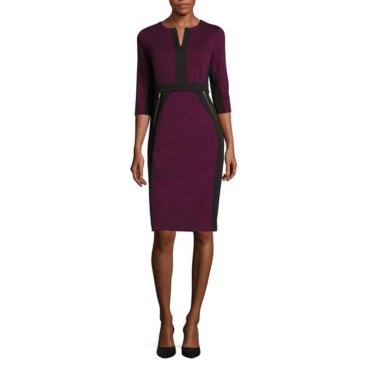 Danny & Nicole 3/4 Sleeve Zip-front Colorblock Sheath Dress