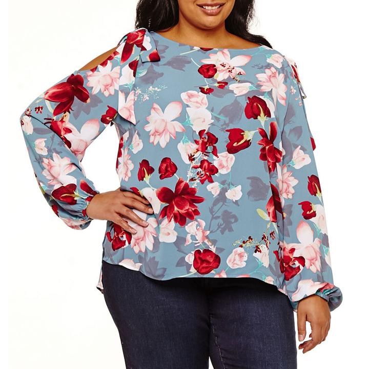 Belle + Sky Tie Shoulder Long Sleeve Wovenblouse - Plus