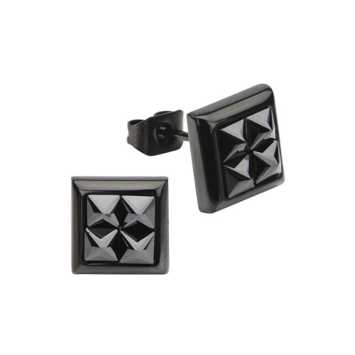 Black Crystal Ip Stainless Steel Square Stud Earrings