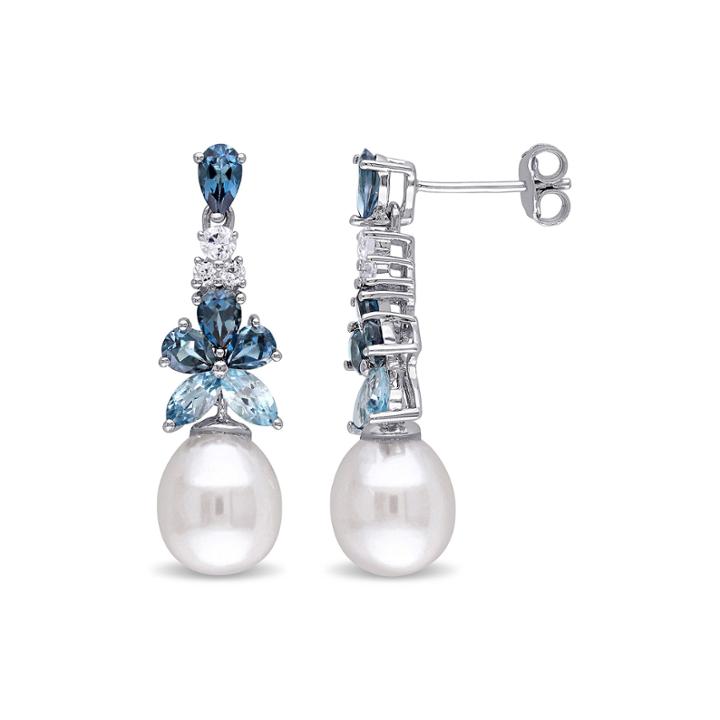 Cultured Freshwater Pearl, Genuine London And Sky Blue Topaz Linear Earrings