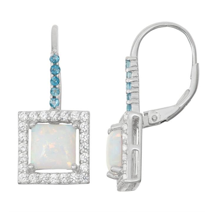 Lab-created Opal & Genuine London Blue Topaz Sterling Silver Leverback Earrings
