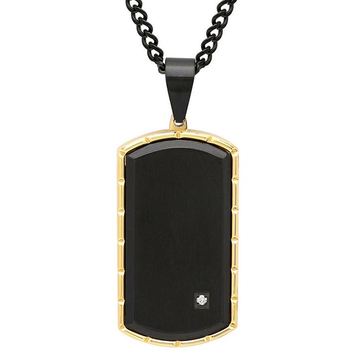 Mens Diamond Accent Stainless Steel Black Ip With Yellow Ip Edge Dog Tag Pendant Necklace