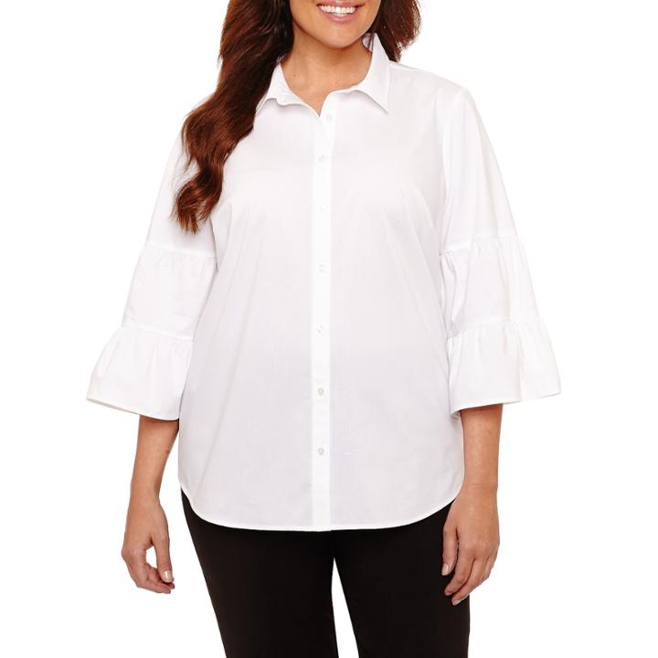 Worthington 3/4 Tier Sleeve Button-front Shirt - Plus