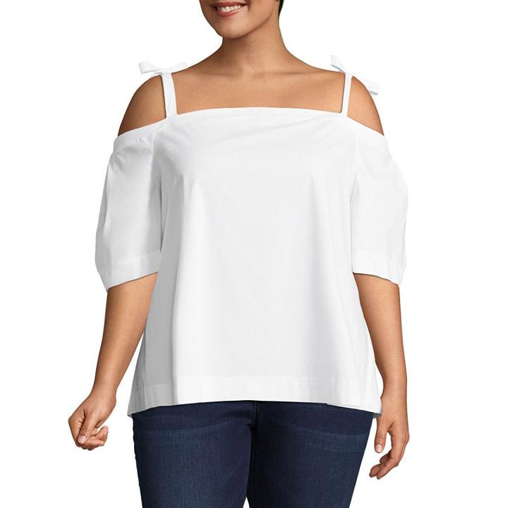 Belle + Sky Short Sleeve Straight Neck Woven Blouse-plus
