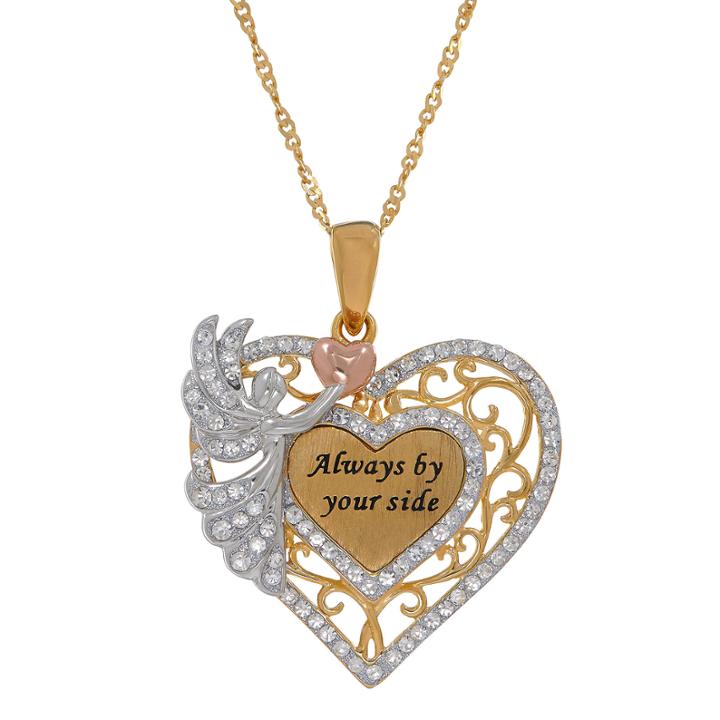 14k Gold Over Silver Filigree Crystal Angel Heart Pendant Necklace