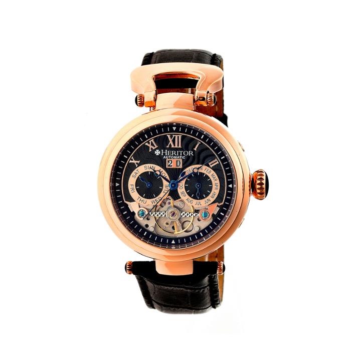 Heritor Automatic Ganzi Mens Leather Day & Date-rose Gold/black Watches