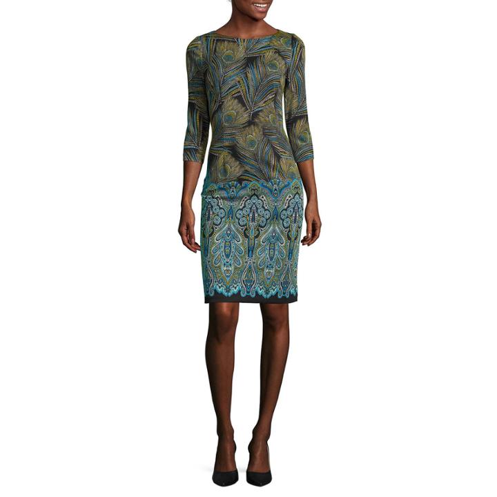 London Times 3/4-sleeve Feather-print Shift Dress
