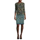 London Times 3/4-sleeve Feather-print Shift Dress
