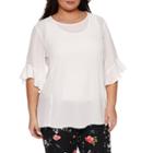 Worthington Flutter Sleeve Crew Neck Woven Blouse - Plus