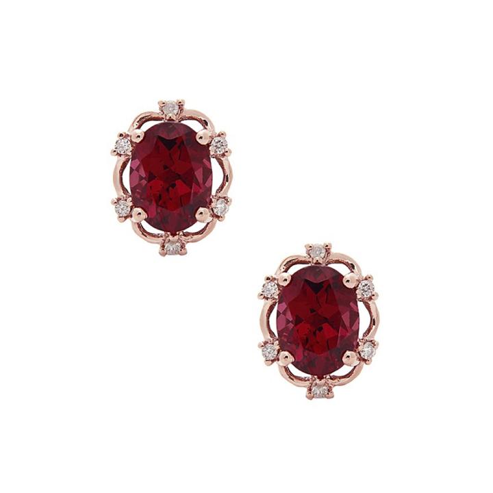 Limited Quantities! Diamond Accent Oval Red Rhodolite 10k Gold Stud Earrings