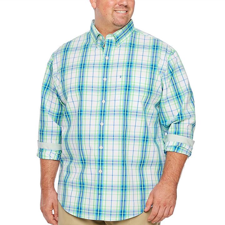 Izod Natural Stretch Plaid Woven Long Sleeve Plaid Button-front Shirt-big And Tall
