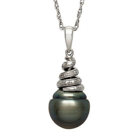 Genuine Tahitian Pearl And Diamond-accent Sterling Silver Swirl Pendant Necklace