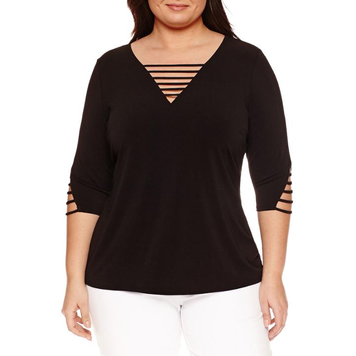 Bisou Bisou Elbow Sleeve V Neck T-shirt-plus