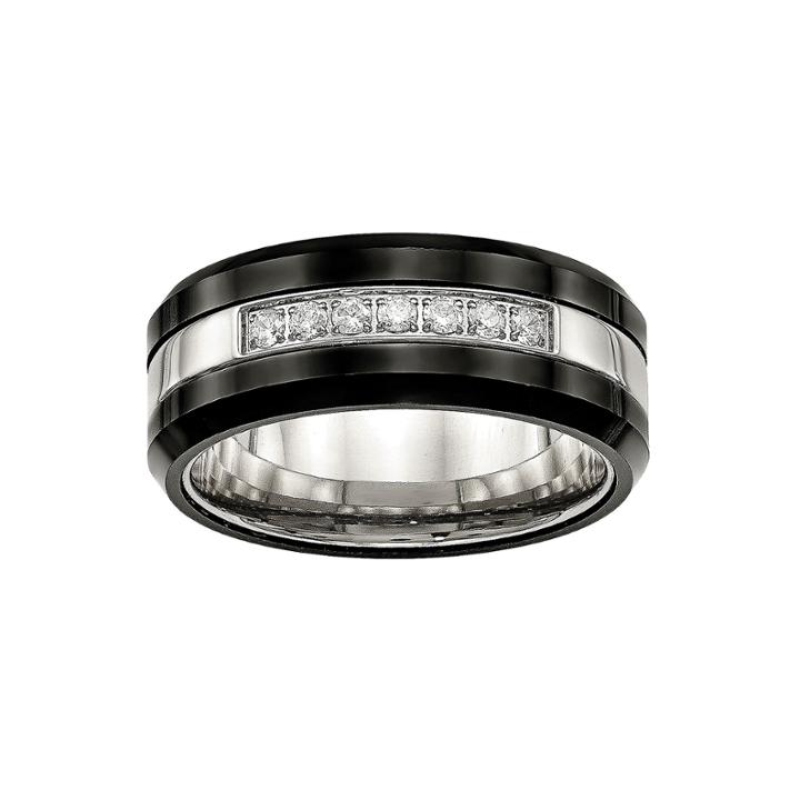 Mens Cubic Zirconia Stainless Steel & Black Ceramic Wedding Band
