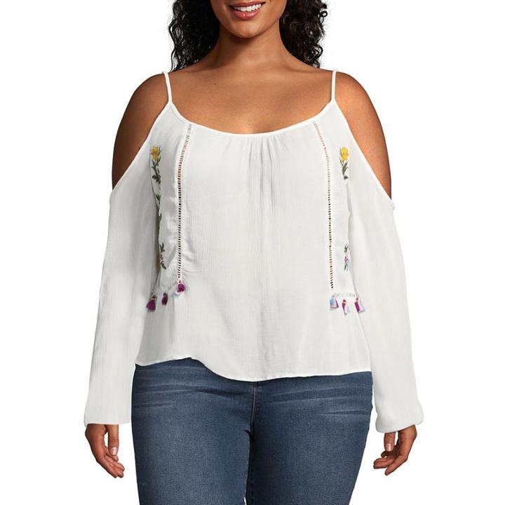 Arizona Embroidered Cold Shoulder Tassel Blouse- Juniors Plus