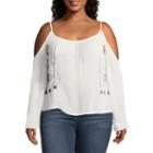 Arizona Embroidered Cold Shoulder Tassel Blouse- Juniors Plus