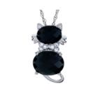 Sterling Silver Genuine Black Onyx And White Sapphire Cat Pendant Necklace